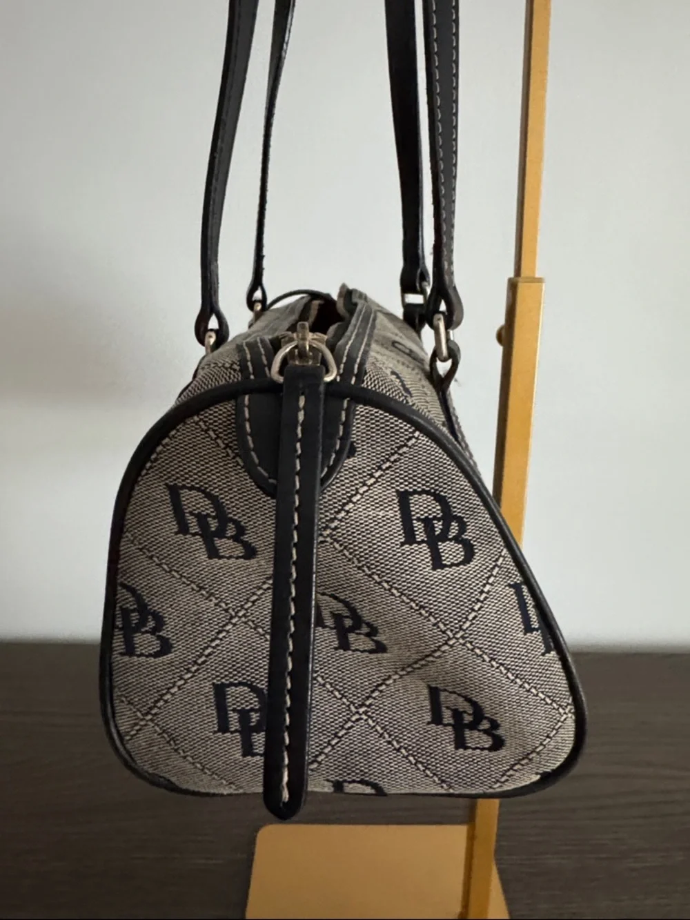 Dooney & Bourke Canvas Leather Duffel Barrel purse Monogram Black/Gray - Picture 3 of 10